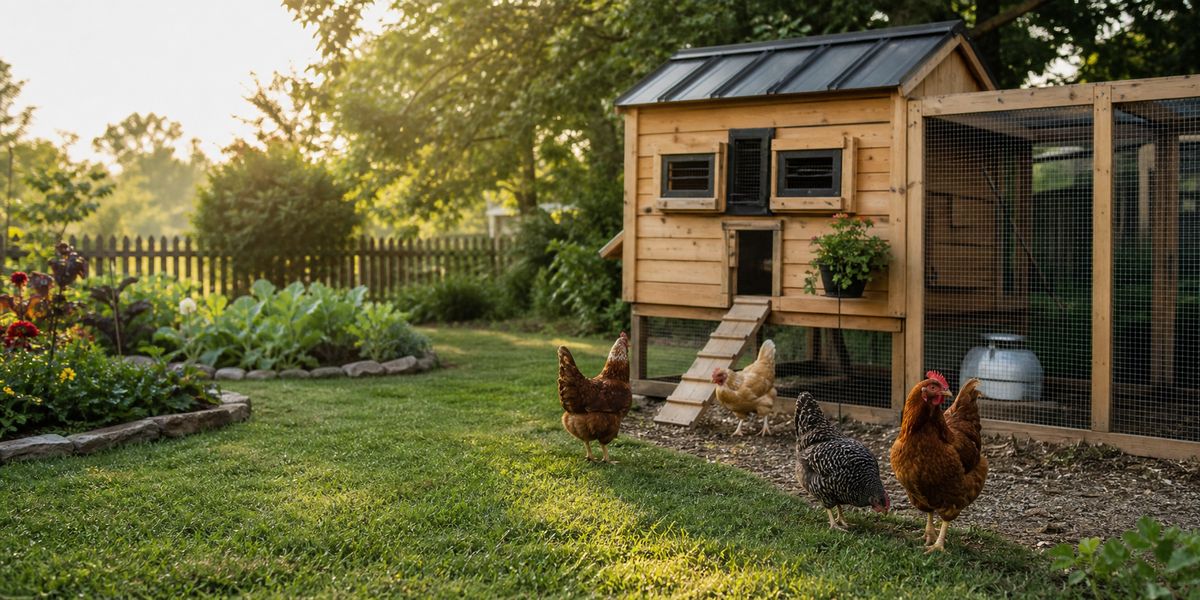 A small wooden chicken coop with hens in a green backyard